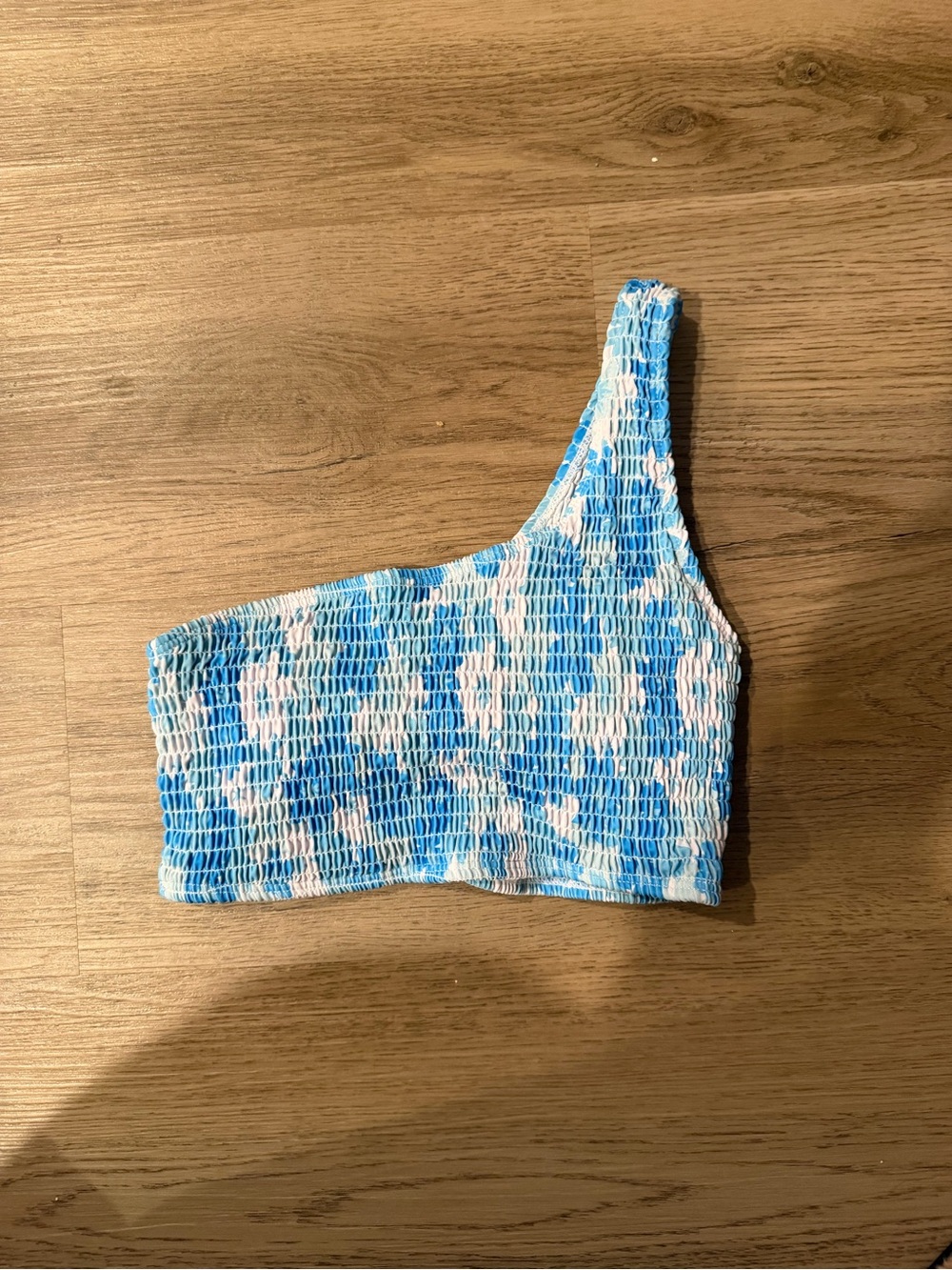 SHEIN Blue and White One-Shoulder Ruched Bikini Top